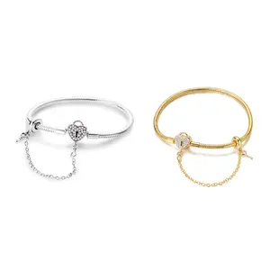 MULA 925 Sterling Silver heart lock key bracelet | Symbolizes infinite love | Snake bone chain with pink zircon | Compatible with Pandora beads | Selected gifts for girls