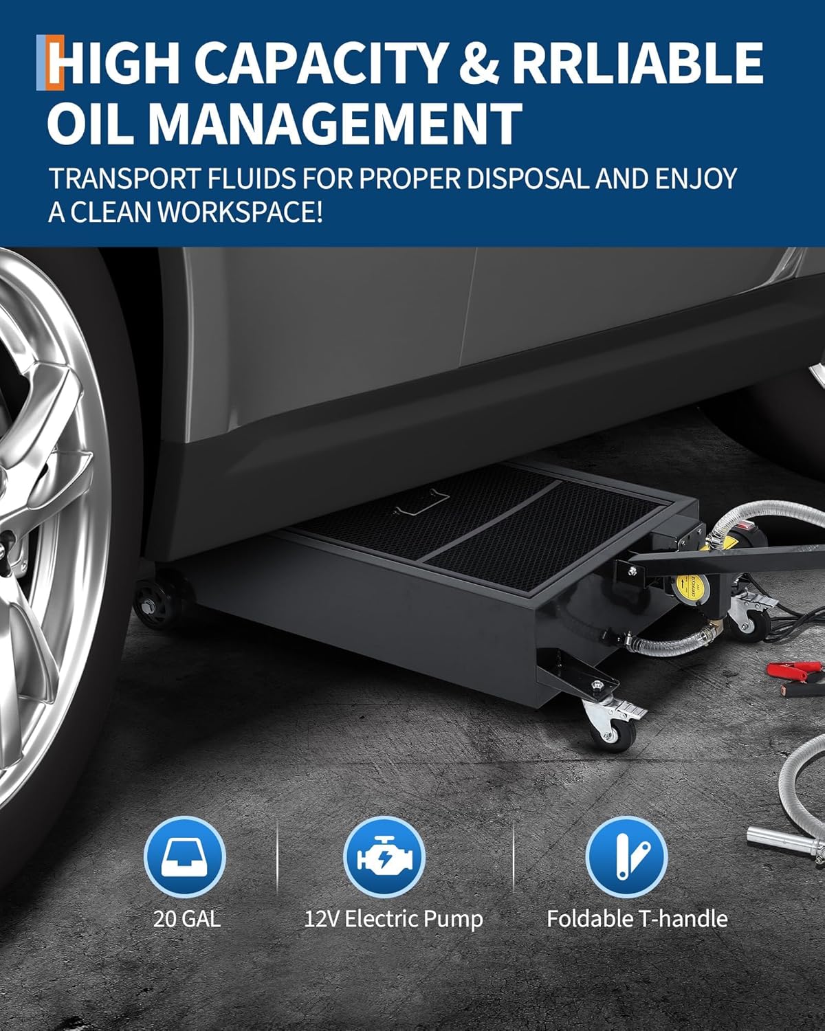 20/25 Gallon Low Profile Oil Drain Pan, Oil Change Pan with 12v Electric Pump, 8FT Hose & Folding Handle Rolling Oil Drain Cart Design for Cars, SUVs, Trucks, Buses, RVs