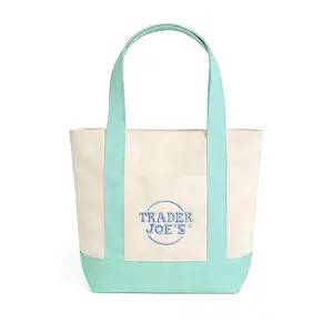Trader Joe’s Women’s  Canvas Tote Bag - Premium Two-Tone Reusable Shopping Handbag with External Pocket, Large Capacity Eco-Friendly Grocery Bag, Sturdy Daily Essentials Shoulder Bag for Work, Travel & Casual Use