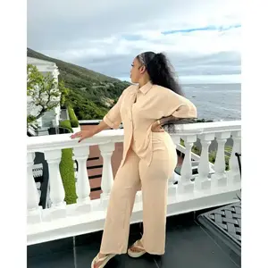 summer spring clothes Classy Women's Pant Sets Casual Loose Sleeve Shirt and Straight Pants Suit 2025 Summer Elegant 2 Two Piece Set Outfits Womenswear Check Light Gamis Trouser Apricot_Green Basic Minimalist Shortsleeve