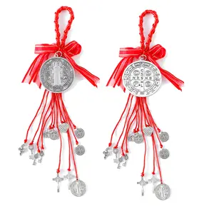 2PCS Silvery Medalla De San Benito Escapularios Rosary St Benedict Medals for Door Golden Saint Benedict Cross Crucifix Catholic Gift Set for Car Hanging Charm Home Door Hanger Decor