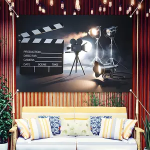 Hollywood Movie Night Backdrop Banner, Vintage Film Camera Clapperboard Studio Lights Decorations, Durable Polyester Fabric Photo Booth Prop, Reusable Easy to Clean, Perfect for Oscars Viewing Party, Film Premiere, Birthday,Home Decor, Gift for Movie Love
