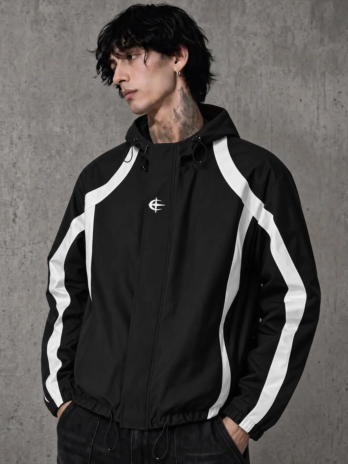 Men's Black Windbreaker Jacket Hooded Zip Up Jacket White Stripe Color Block Lightweight Rain Jacket Techwear Streetwear Coat Casual Outdoor Running Shell Jacket Fashion Outerwear