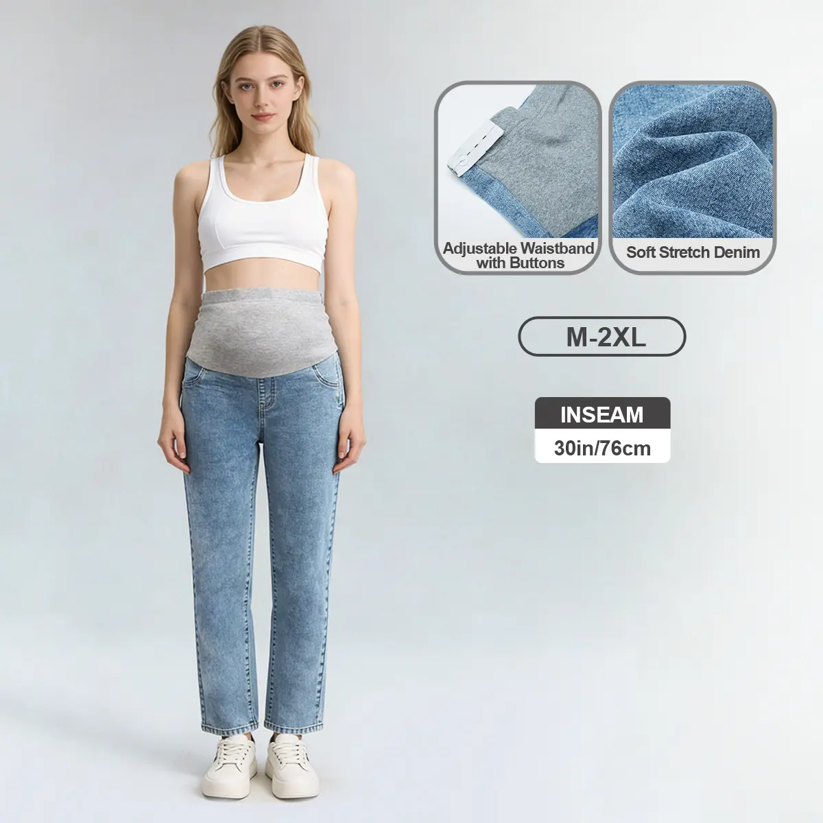 Pwest MAMA Women's Adjustable Stretch Maternity Jeans - Over Belly Panel, Adjustable Buttons, Straight Leg, Soft Everyday Active Wear, maternityclothes, pregnancy clothes (Spring Sale),back to school,back to school haul