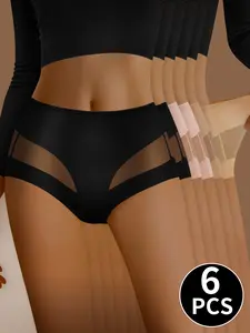 QUASTI 6 Pieces Mid-Rise Sexy Seamless Sexy Translucent Contrast Women's Thongs, Hip Lifting Elastic Fit Ladies Briefs, Smooth Ice Silk Soft and Comfortable Material Underwear, Mix Colors Fashion Aesthetics Basic Panties,S-XXL