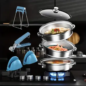 5pcs Multi-Layer Steamer Pot Set, Stainless Steel Dual Layer Steamer Basket and Soup Pot, Durable Easy Clean Kitchen Utensils