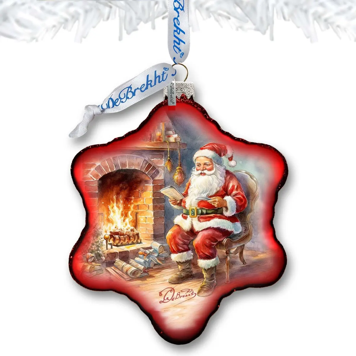 Designocracy 754-047 4x3.5 in. Satin Snowflake Glass Ornament, Painted Santa at Fireplace Theme, Ribbon-Accented Bow and Ribbon Christmas Decor, Miniature Tree Ornament, Festive Home Supply, Handpainted, Classic Christmas Decor
