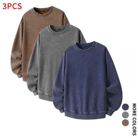 Menswear 3PCS Loose Vintage Washed Crew Neck Sweatshirts - Plain Solid Color, Breathable Fabric, Long Sleeve Casual Tops for Fall Daily Commute & Street OOTD (Dark Blue, Army Gray, Dark Gray)