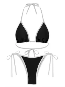 Women's Contrast Binding Triangle Bikini Set, Casual Fashion Swimsuit Set for Beach Holiday Vacation, Ladies Swimwear for All Seasons