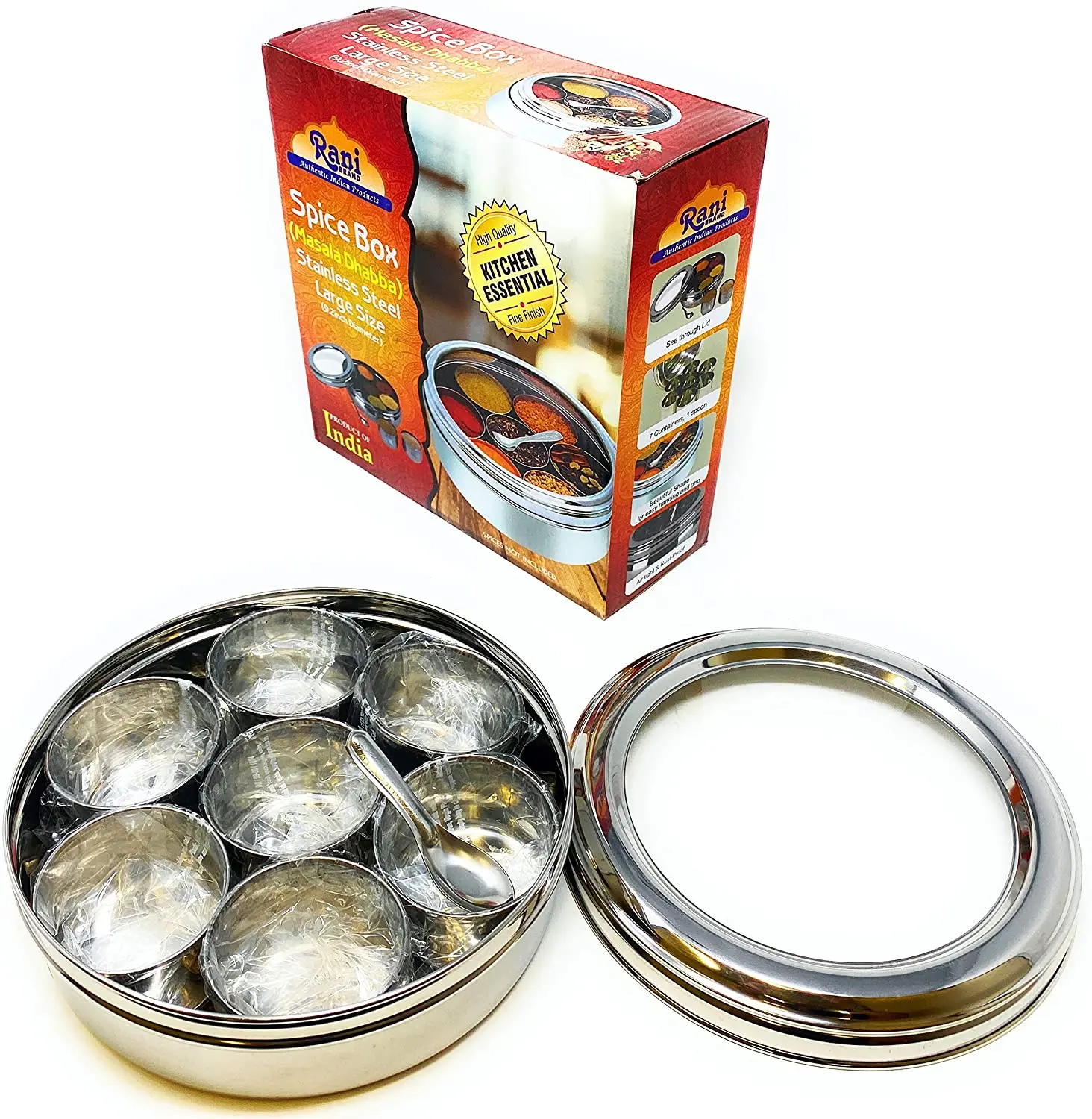 Rani Spice Box Stainless Steel Transparent Round Storage For Spices (Masala Dabba) 7 Compartments, with spoon (7.5in x 2.8in) ~ Packed in an attractive box, perfect for gifts!