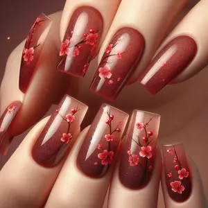 Pink Plum Blossom Pattern Fake Nails, 24pcs/set French Style Square Press on Nails for Women & Girls Diy Nail Art