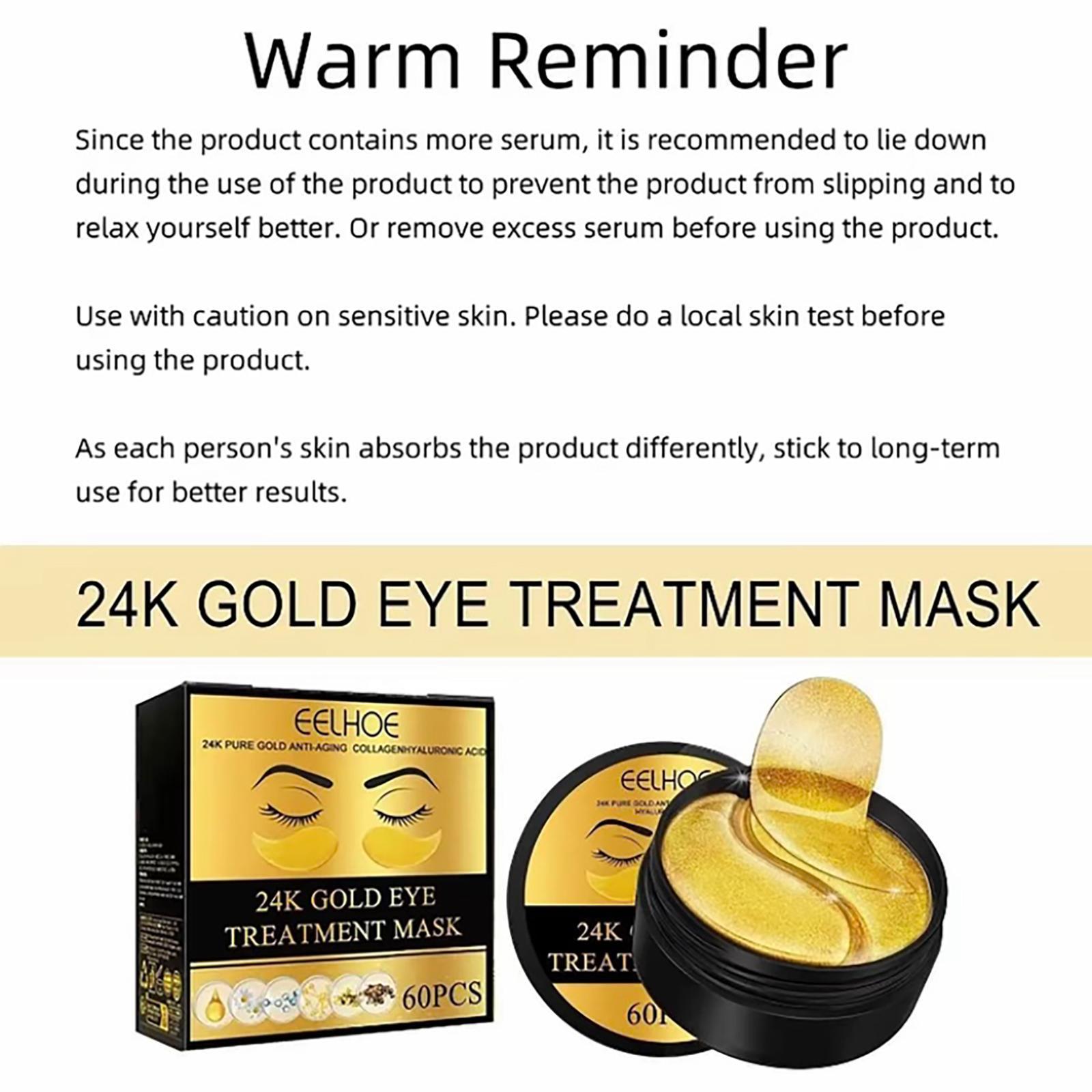 EELHOE 60PCS, 24K Gold Eye Patches for Puffy Eyes Treatment, Eye Masks for Dark Circles and Puffiness, Non-lrritating Eye Mask Skincare, Eyes Bags Treatment, Eye Gel Pads 24 k Hyaluronic Hyaluronic
