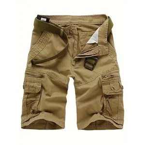 Men's Casual Cotton Cargo Shorts with Multi-Pocket - Beige, Mid-Rise, Summer Workwear Style, Machine Washable, Non-Stretch Fabric