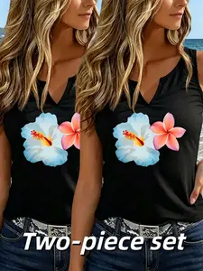 Women's Tropical Hibiscus Print V-Neck Sleeveless Vest Set, Summer New Fresh Vacation Casual Style, Beachwear & Workout Top