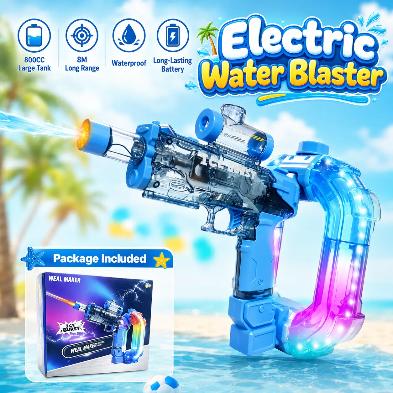 Rechargeable 800CC Electric Water Blaster Toy, 26FT Long Range, Automatic Continuous Spray, LED Light-Up Large Tank Water Gun for Kids, Pool & Outdoor Summer Play, Birthday Gift