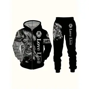 2-piece men's casual lion print hoodie and sweatpants set -animal pattern knitted sweatshirt hoodie+pants set