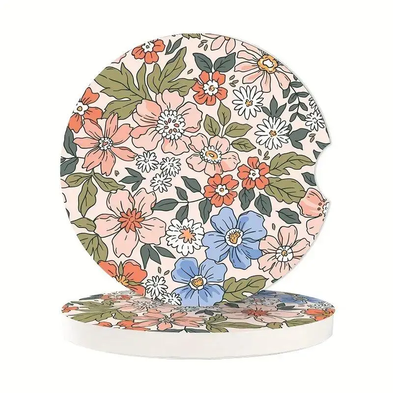 Floral Pattern Car Cup Holder Coaster, Multipurpose Round Anti Slip Cup Mat, Universal Car Interior Decoration Accessories for Women & Men, Car Access