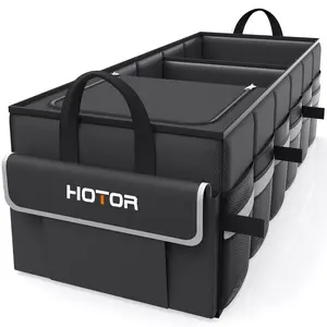 Car Trunk Organizer with Cooler Bag, 3 Compartment Foldable Storage Box in Black with Gray Trim, Built in Ice Pack Insulated Section with Reflective Strips, Heavy Duty Trunk Storage Organizer for Groceries, Tools, Travel and SUV Storage