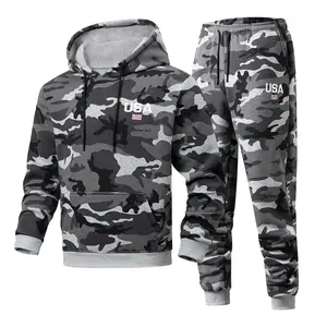 Men's Hoodie and Sweatpants Set: Printed style with American flag details - a coordinated casual outfit that blends bold patterns with eye-catching text decorations. Camouflage Grey men's sweatsuit set