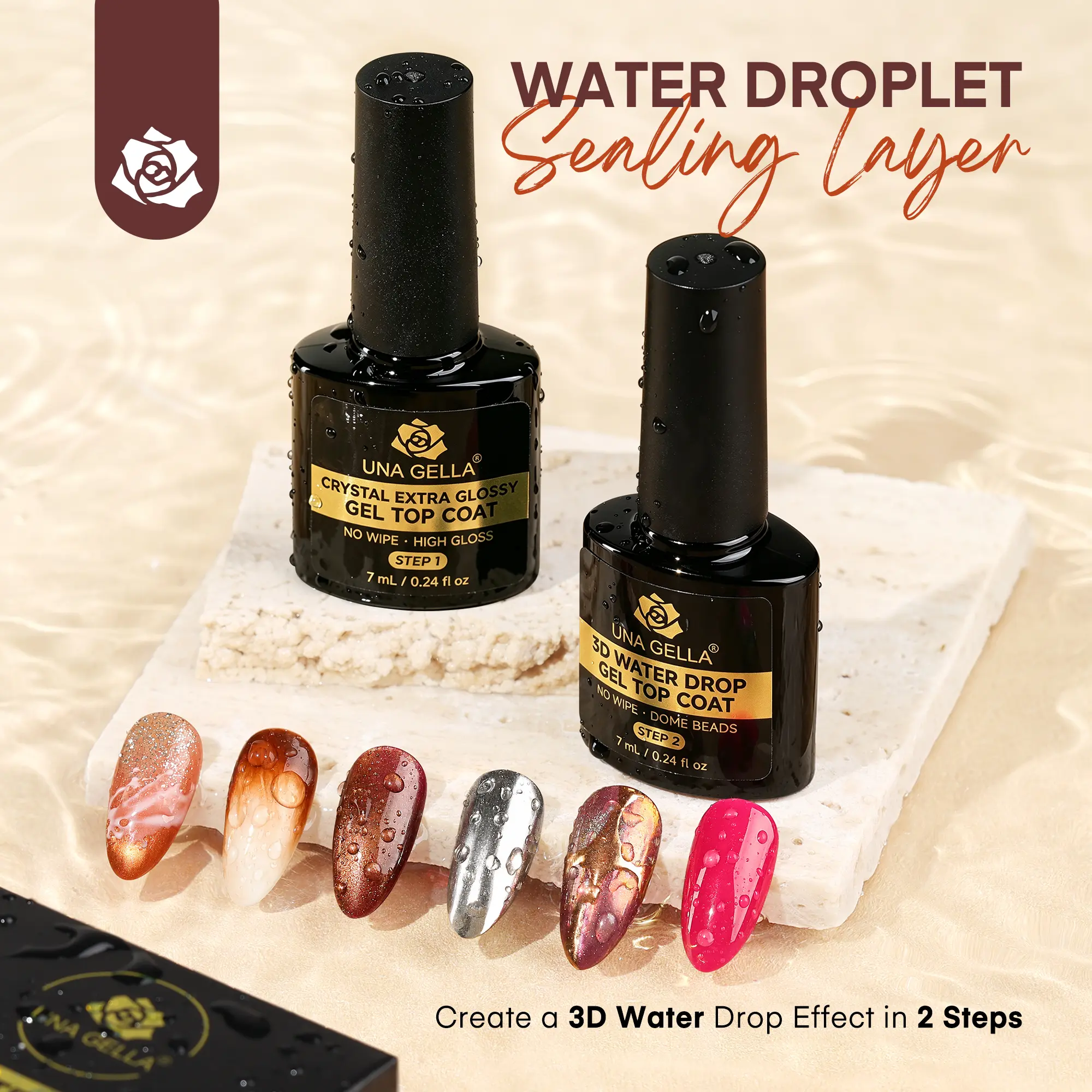 UNAGELLA 3D Water Drop Gel Top Coat Kit – （2×7ml Bottles） No Wipe Raindrop Top Coat, High Gloss UV/LED Cured Top Coat, Water Droplet Effect, Includes Box of Nail Tips, Complete Drip Manicure Supplies
