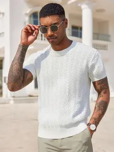 Men's crew neck herringbone short-sleeved knitted shirt, Classic, with a slim and straight silhouette, suitable for summer wear, slimming without tightness, lightweight and breathable, suitable for both work and daily wear, Tops