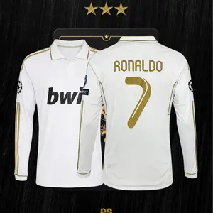 Retro Home Jersey Gold No.7 Ronaldo Long Sleeve Soccer Jersey Fans Version
