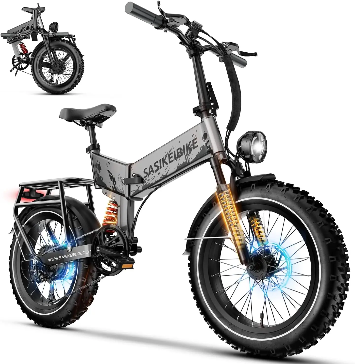 1500W Folding Electric Bike for Adults,52V 20Ah Removable Battery Ebike with 70 Miles Max,20" x4.0 Fat Tire E-Bike, Foldable Dual Suspension Electric Bicycle for Commute,Mountain-Gray