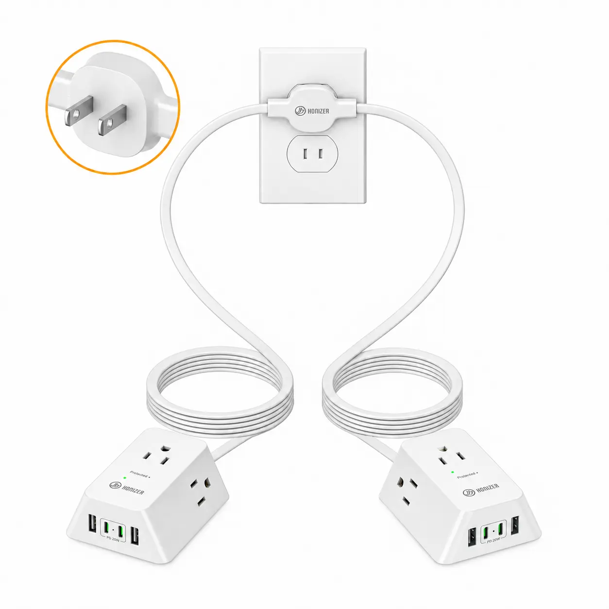 Honizer 12FT 2 Prong to 3 Prong Twin Extension Cord, Dual Outlet Extender with 20W USB-C Fast Charging, Flat Plug Split Power Strip for Older Homes, Bedroom, Bedside & Sofa
