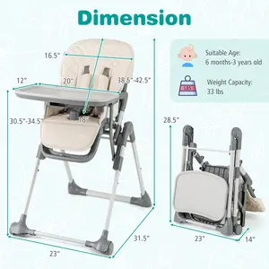 COSTWAY - Foldable High Chair with Footrest and Detachable Tray-Beige