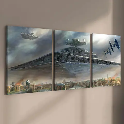 Wooden Framed Canvas Painting, 3 Counts/set Modern Art Star Destroyer Pattern Creative Modern Decoration, Decorative Artwork, Aesthetic Wall Decor, Wall Art for Home Living Room Bedroom Office