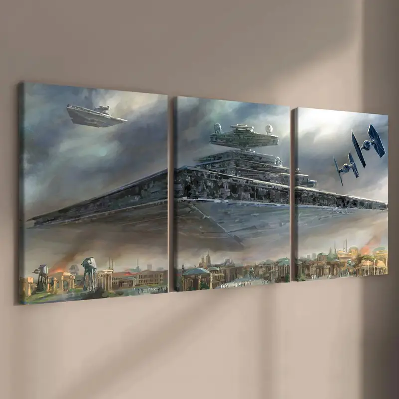 Wooden Framed Canvas Painting, 3 Counts/set Modern Art Star Destroyer Pattern Creative Modern Decoration, Decorative Artwork, Aesthetic Wall Decor, Wall Art for Home Living Room Bedroom Office