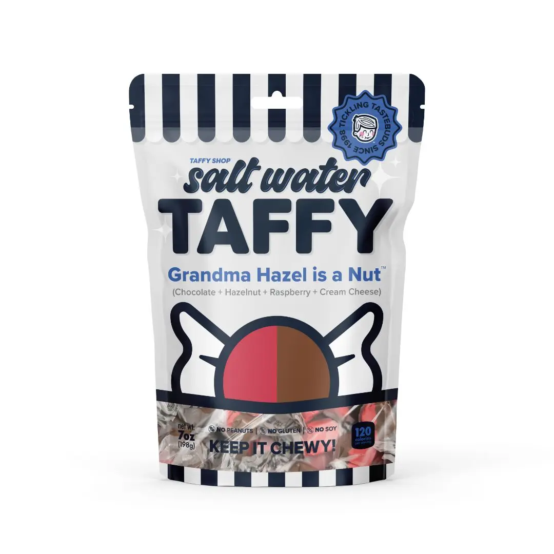 Taffy Shop, Grandma Hazel is a Nut Salt Water Taffy - Gourmet Chocolate Hazelnut Raspberry Cream Cheese Chewy Candy