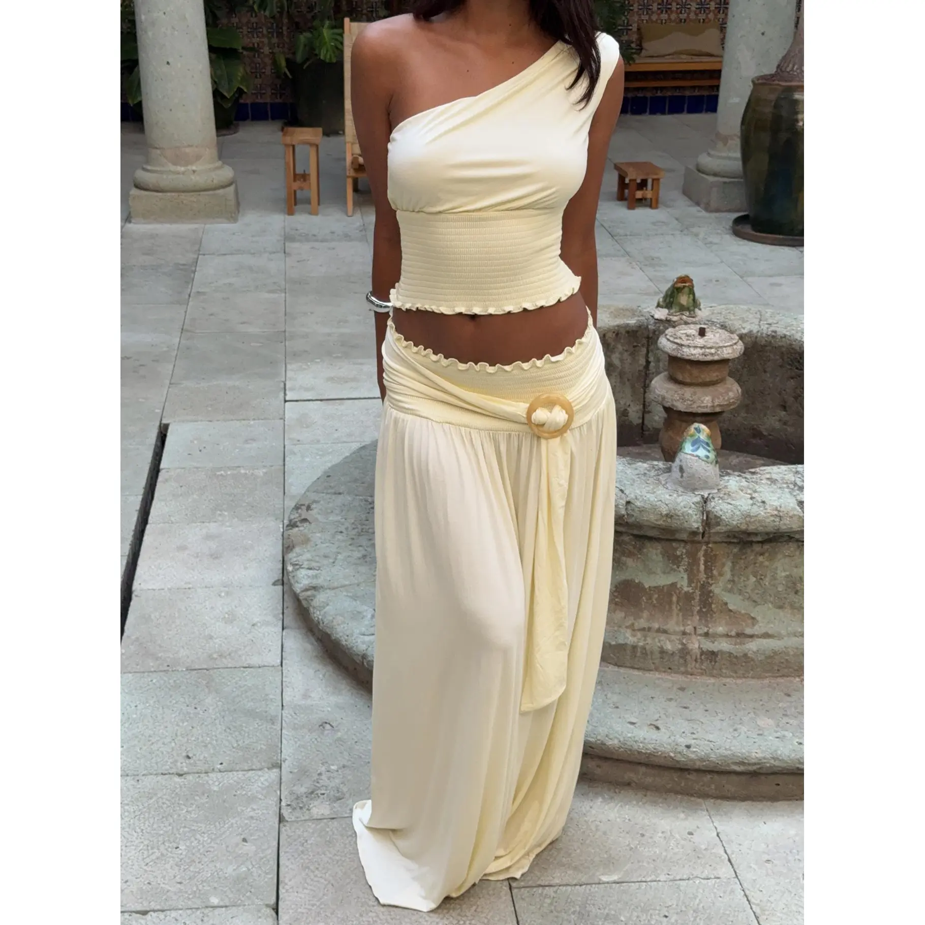 Full Orbit Shirred Maxi Skirt Cream