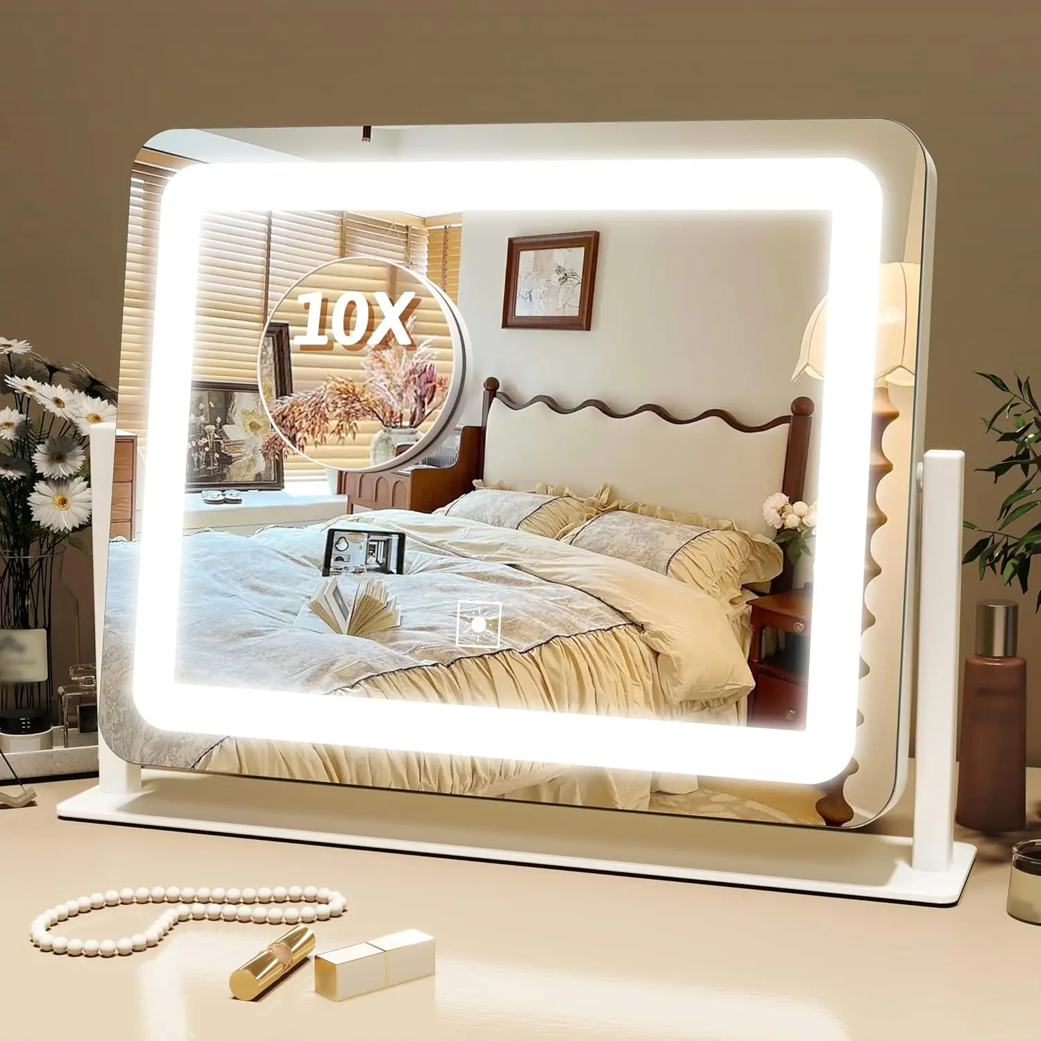 Mirror with Lights, 12" x 16" Lighted Makeup Mirror with Smart Touch Control, 3 Color Modes & Brightness Adjustable, LED Makeup Mirror with 10X Magnification, 360 °   Rotation for Bedroom