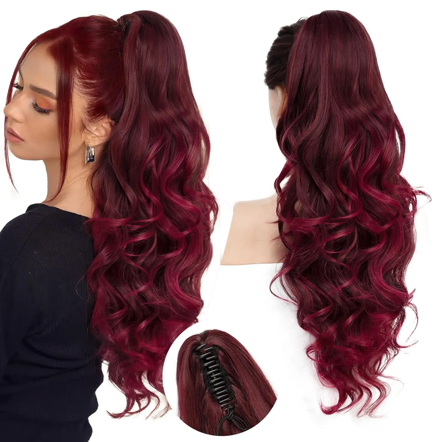 24 Inch Burgundy Ombre Ponytail Extension, Long Curly Wavy Synthetic Hairpiece with Claw Clip for Unisex Casual Wear, Lightweight and Comfortable, Easy To Install