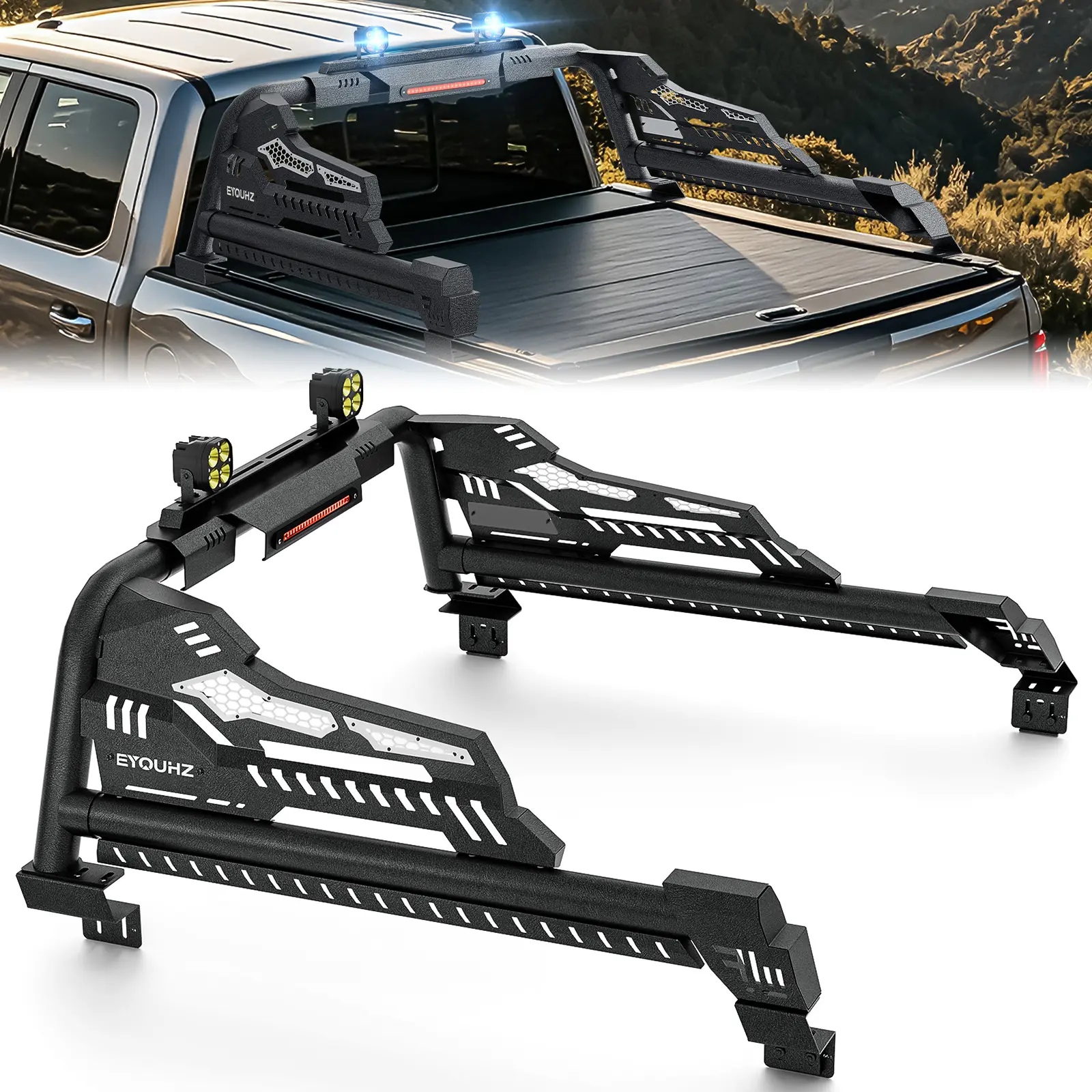 【Yzona】Auto Accessories Sport Roll Bar, Adjustable 54.7"-59.8" Bed Chase Rack with Brake Light for Pickup Trucks Compatible with Gladiator, Colorado, Canyon, Frontier, Ranger, Ridgeline