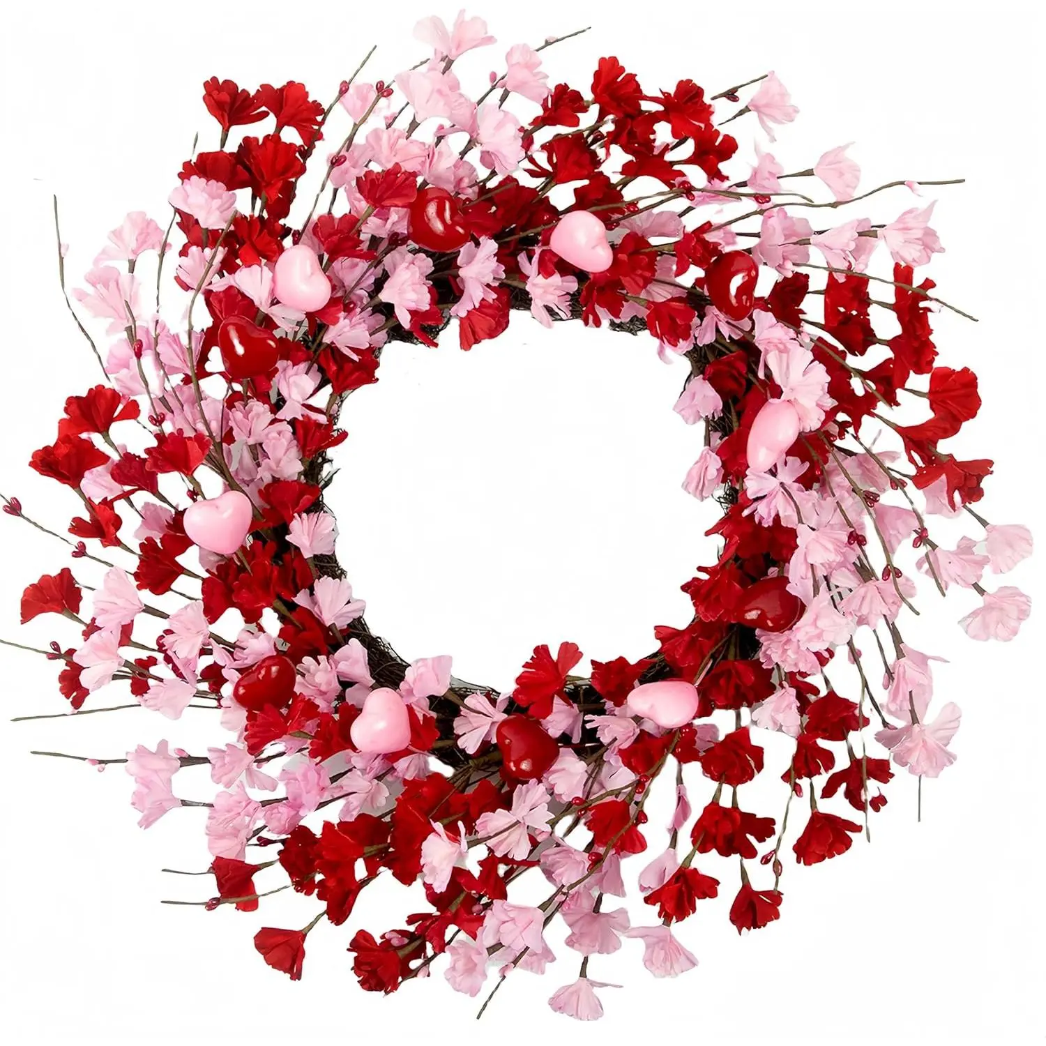 20 Inch Valentine's Day Wreath, Valentines Day Wreaths for Front Door, Valentine Day Wreath with Red Berries and Pink Love Heart Forsythia Flowers, Great for Wedding and Holiday Decorations