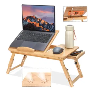 Adjustable Bamboo Laptop Desk with Cooling Fan, Foldable Bed Tray for Breakfast, Writing, and Drawing, with Tilting Top and Drawer, Portable Lap Desk for Bed, Sofa, and Floor