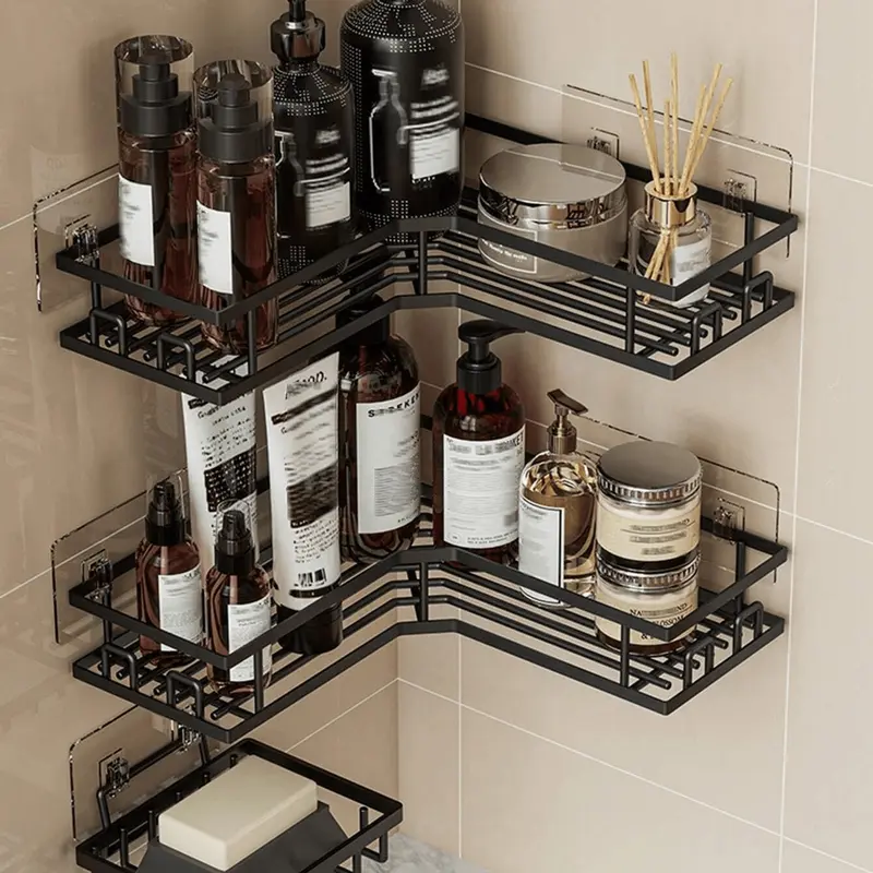 Modern Bathroom Accessory Set (3/5 Packs) - Durable Shower Organizer, Anti-Rust Home Goods, 2 Stainless Steel Space-Saving Shelves, 1 Soap Holder, 12 Hooks, Tool-Free Installation, Corner-Fit Wall-Mounted Storage