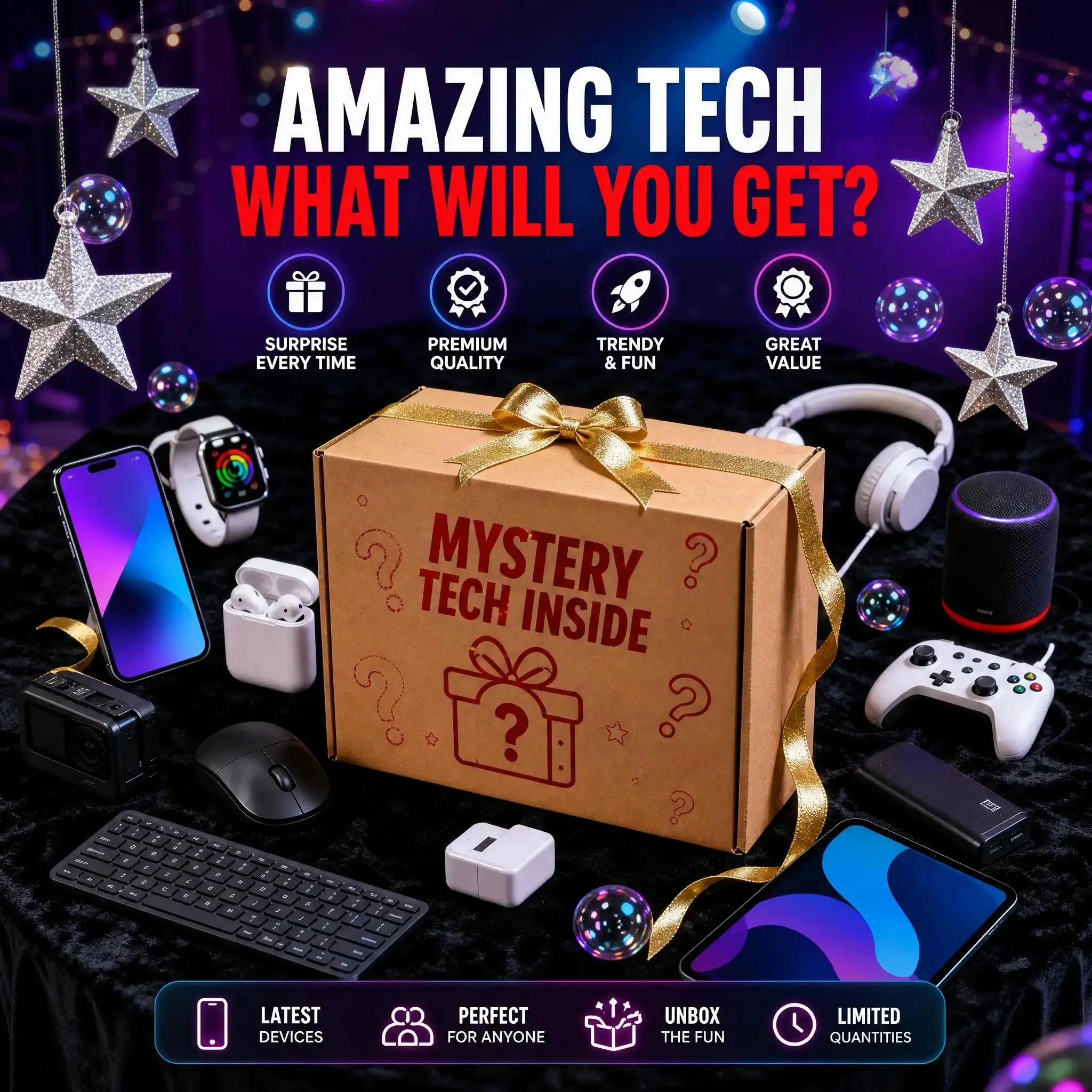 Holiday Special Electronic Mystery Box! Grab Drones, Top Headphones, Smartphones & Extension Cords - Act Now