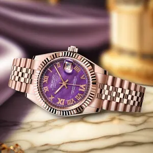 Luxury Ladies Violet Automatic Mechanical Watch Rose Gold Stainless Steel Luminous Calendar Waterproof Watch Wristwatch