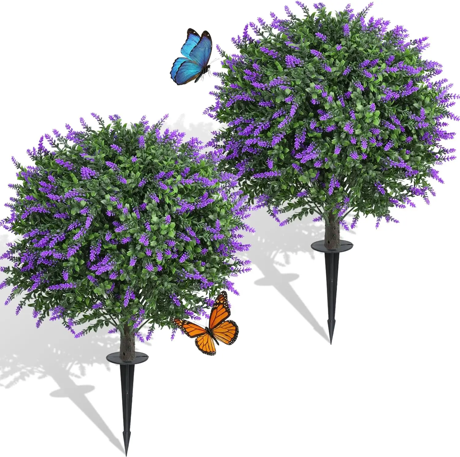 2-Pack 24-Inch High-Density PE Leaves Artificial Lavender Topiary Ball Trees, Ultra Realistic UV-Resistant Faux Bushes with Ground Spikes, Plant Decor for Garden, Patio, Bouquet Artificial Plants