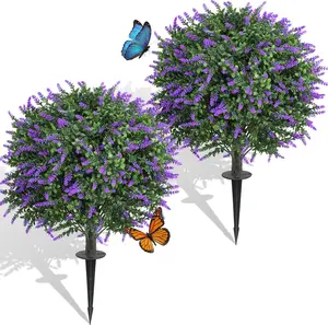 Dense Foliage Artificial Lavender Topiary Ball Trees 24 Inch, 2 Pack UV Resistant Fake Plants Outdoor, Faux Bushes with Ground Spike for Garden, Patio, Porch, Yard Decor