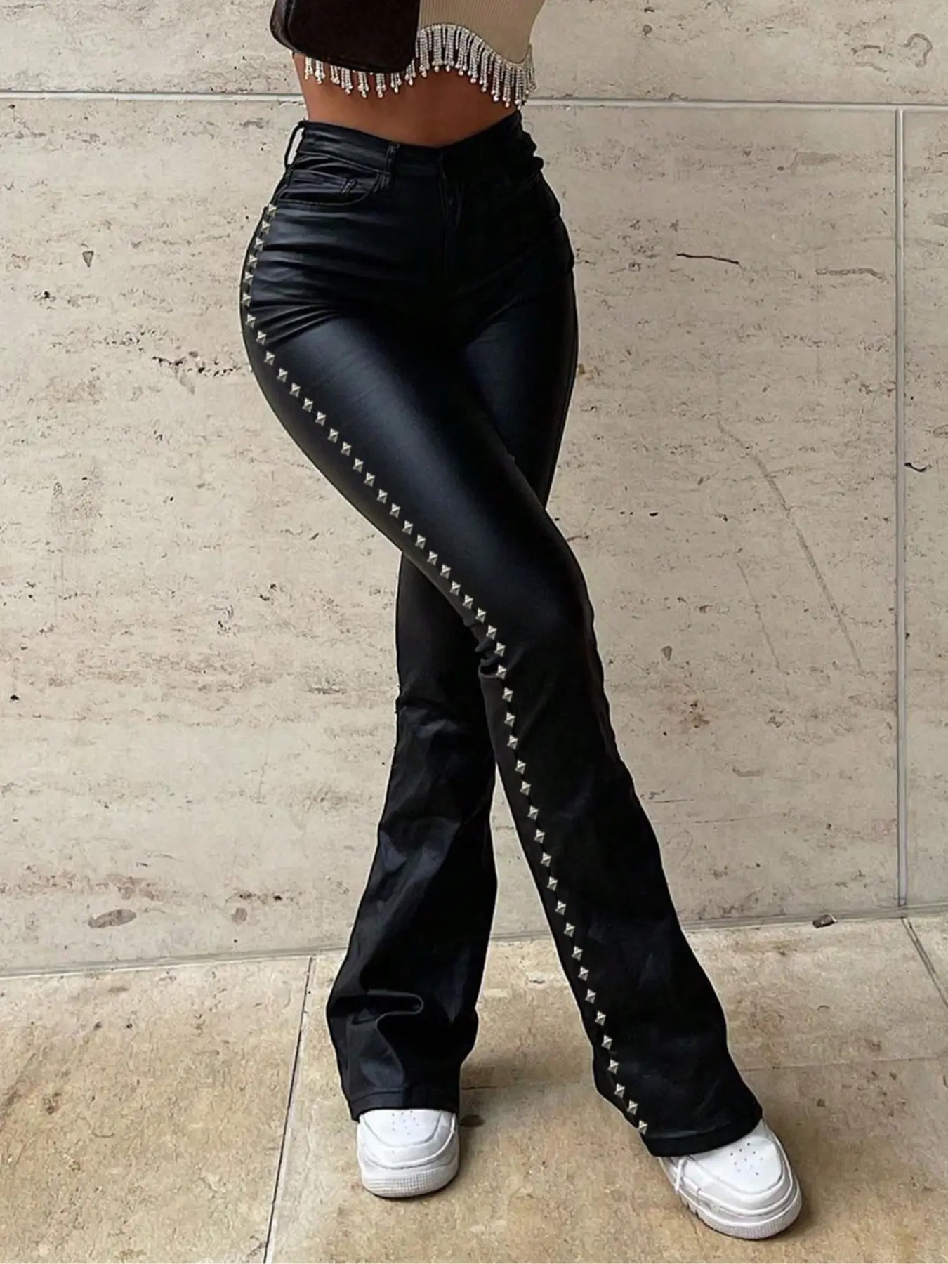 Gothic Rave High Waist Studded Side PU Leather Skinny Bell Bottom Flare Leg Casual High Waisted Pants Womenswear Bottom Casual Punk Music Festival