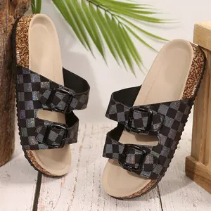 Comfort Checkered Slip-On Women's Sandals with Buckle for Summer Holidays