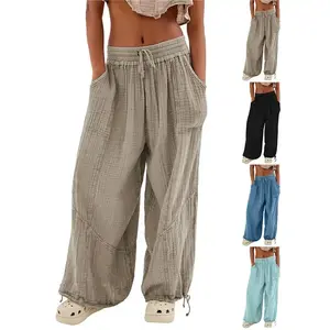 Women's 2025 Summer Casual Boho Pants 2025 Plus Size Summer Wide Leg Smocked High Waisted Long Lounge Trousers Linen Pants