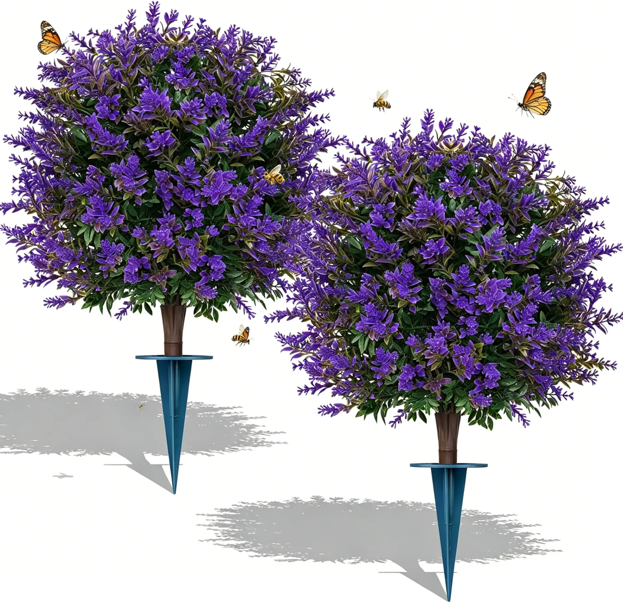 Artificial Lavender Topiary Ball Trees, 2 Set of Boxwood Outdoor Shrubs with Spike, Faux Bushes UV Resistant Fake Plants for Garden Front Porch Indoor Decor.