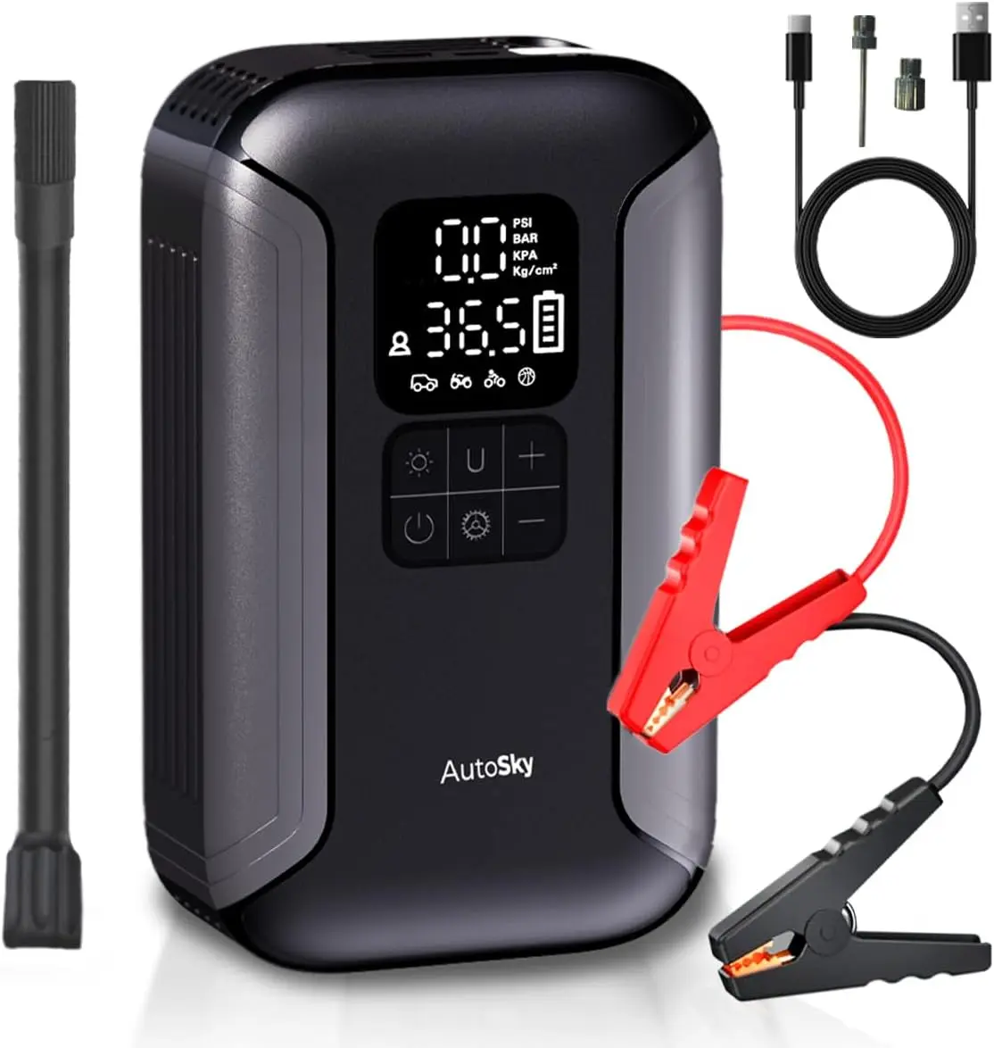 AutoSky Car Emergency Kit - Truck & Car Jump Starter, Tire Inflator, Flashlight, Backup Battery, Essential Vehicle Accessories, Car Accessories