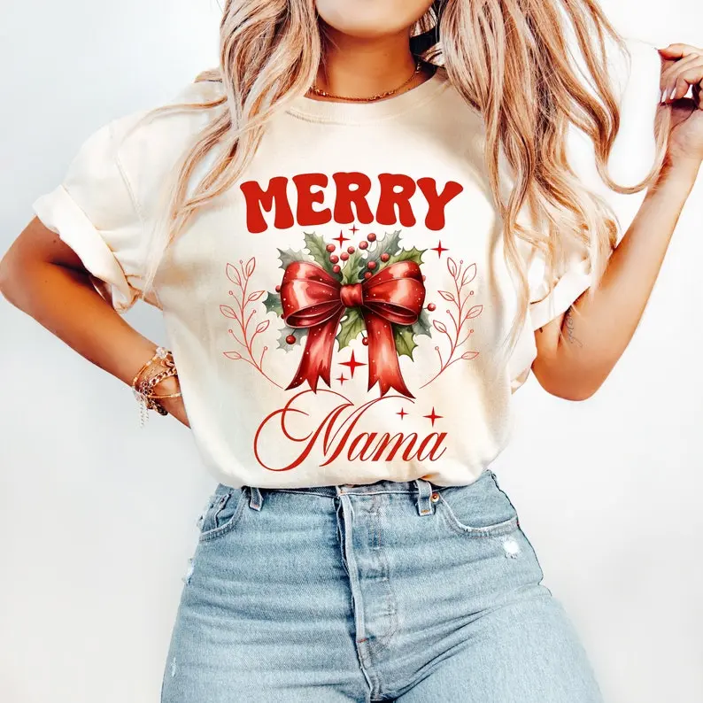 Coquette Merry Mama Shirt, Mama Christmas Sweatshirt, Merry Mama Shirt, Mom Christmas Tee, Matching Family Xmas Shirt, Gift For Mom