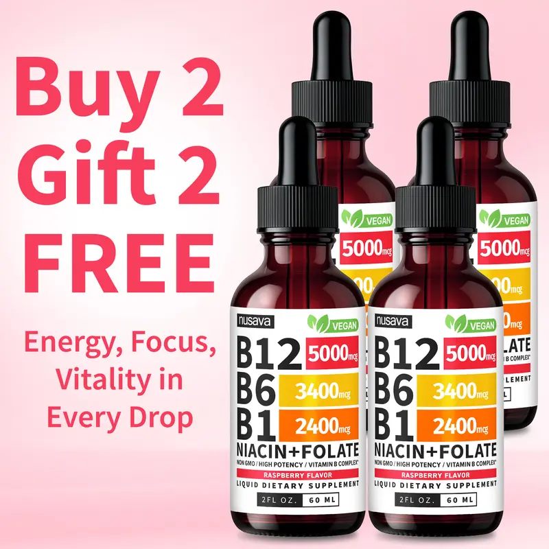 (4-Pack) Vitamin B12 Liquid Edible Supplement Drops with B6, B1, Niacin & Folate for Energy, Brain & Heart - Raspberry, & Strawberry 27,200 mcg per Serving, 4 fl Oz